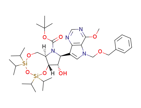 Molecular Structure of 917595-31-4 ((6aR,8S,9S,9aR)-tert-butyl 8-(5-(benzyloxymethyl)-4-methoxy-5H-pyrrolo[3,2-d]pyrimidin-7-yl)-9-hydroxy-2,2,4,4-tetraisopropyltetrahydro-[1,3,5,2,4]trioxadisilocino[7,6-b]pyrrole-7(8H)-carboxylate)