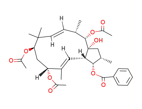 Molecular Structure of 80454-47-3 ((1S,2S,3aR,4S,5S,6E,9R,11R,12E,13aS)-1,2,3,4,5,8,9,10,11,13a-Decahydro-2,5,8,8,12-pentamethyl-3aH-cyclopentacyclododecene-1,3a,4,9,11-pentol 4,9,11-triacetate 1-benzoate)