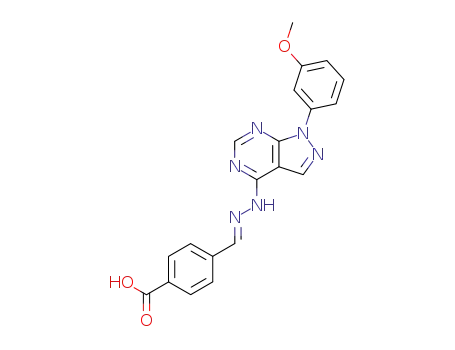 Molecular Structure of 650627-05-7 (4-((E)-{[1-(3-methoxyphenyl)-1H-pyrazolo[3,4-d]pyrimidin-4-yl]hydrazono}methyl)benzoic acid)