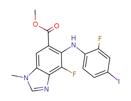 Molecular Structure of 836602-32-5 (1H-Benzimidazole-6-carboxylic acid,4-fluoro-5-[(2-fluoro-4-iodophenyl)amino]-1-methyl-, methyl ester)