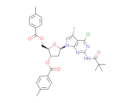 Molecular Structure of 199938-73-3 (chloro-7-[2-deoxy-3,5-di-O-(4-toluoyl)-β-D-erythro-pentofuranosyl]-5-iodo-2-pivaloylamino-7H-pyrrolo[2,3-d]pyrimidine)