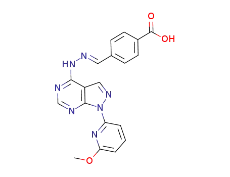Molecular Structure of 650637-47-1 (4-((E)-{[1-(6-methoxypyridin-2-yl)-1H-pyrazolo[3,4-d]pyrimidin-4-yl]hydrazono}methyl)benzoic acid)