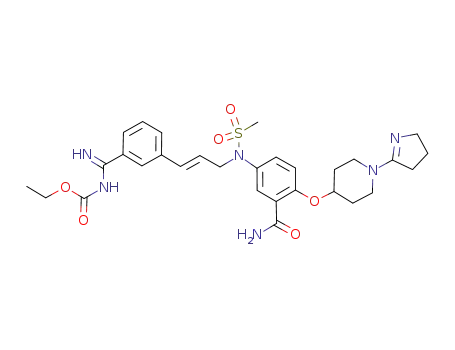 Molecular Structure of 777052-11-6 (N-[3-carbamoyl-4-[1-(4,5-dihydro-3H-pyrrol-2-yl)piperidin-4-yloxy]phenyl]-N-[3-[3-(ethoxycarbonylamino)(imino)methylphenyl]-2-(E)-propenyl]methanesulfonamide dihydrochloride)