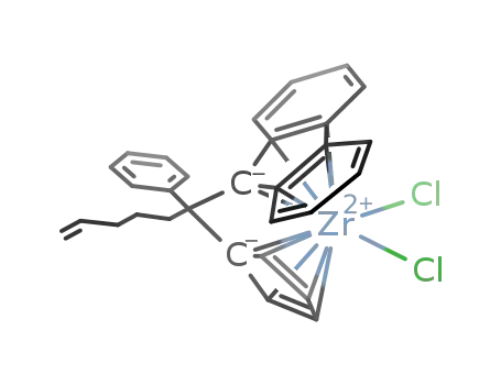 Molecular Structure of 858098-20-1 (1-(η<sup>5</sup>-cyclopentadienyl)-1-(η<sup>5</sup>-fluoren-9-yl)-1-phenylhex-5-ene zirconium(IV) dichloride)