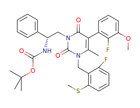 Molecular Structure of 830346-54-8 (Carbamic acid,
[(1R)-2-[5-(2-fluoro-3-methoxyphenyl)-3-[[2-fluoro-6-(methylthio)phenyl]
methyl]-3,6-dihydro-4-methyl-2,6-dioxo-1(2H)-pyrimidinyl]-1-phenylethyl]
-, 1,1-dimethylethyl ester)