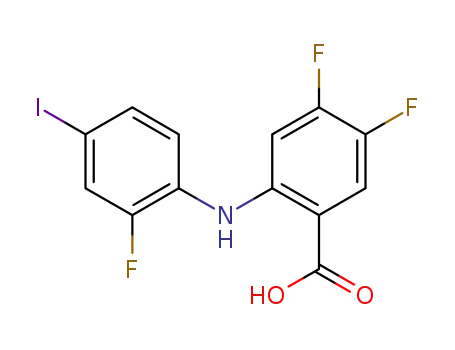 Molecular Structure of 391212-00-3 (Benzoic acid, 4,5-difluoro-2-[(2-fluoro-4-iodophenyl)amino]-)