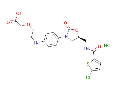 Molecular Structure of 931117-61-2 (2-({4-[(5S)-5-({[(5-chloro-2-thienyl)carbonyl]amino}methyl)-2-oxo-1,3-oxazolidin-3-yl]phenyl}-amino)ethoxyacetic acid hydrochloride)
