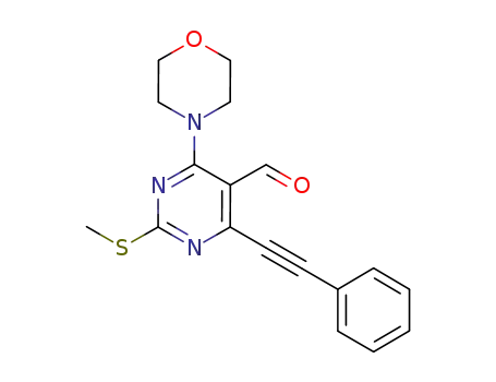 Molecular Structure of 1067892-75-4 (2-methylthio-4-(morpholin-4-yl)-6-phenylethynyl-pyrimidine-5-carbaldehyde)