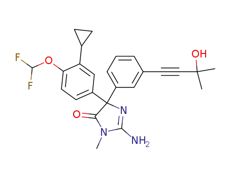 Molecular Structure of 1062608-70-1 (2-amino-4-(3-cyclopropyl-4-(difluoromethoxy)phenyl)-4-(3-(3-hydroxy-3-methylbut-1-ynyl)phenyl)-1-methyl-1H-imidazol-5(4H)-one)
