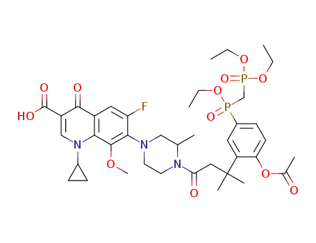 Molecular Structure of 925685-11-6 (7-(4-(3-(2-acetoxy-5-(ethoxy(diethylphosphonomethyl)phosphinoyl)phenyl)-3-methylbutanoyl)-3-methylpiperazin-1-yl)-1-cyclopropyl-6-fluoro-1,4-dihydro-8-methoxy-4-oxoquinoline-3-carboxylic acid)