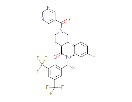 Molecular Structure of 1076228-03-9 ((3S,4S)-N-{(1R)-1-[3,5-bis(trifluoromethyl)phenyl]ethyl}-3-(4-fluoro-2-methylphenyl)-N-methyl-1-(pyrimidin-5-ylcarbonyl)piperidine-4-carboxamide)