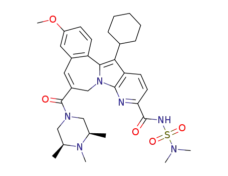 Molecular Structure of 1049797-11-6 (13-cyclohexyl-N-((dimethylamino)sulfonyl)-3-(methyloxy)-6-(((3R,5S)-3,4,5-trimethyl-1-piperazinyl)carbonyl)-7H-pyrido[3',2':4,5]pyrrolo[2,1-a][2]benzazepine-10-carboxamide)
