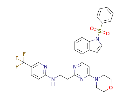 Molecular Structure of 1072270-36-0 ({2-[4-(1-benzenesulfonyl-1H-indol-4-yl)-6-morpholin-4-yl-pyrimidin-2-yl]-ethyl}-(5-trifluoromethyl-pyridin-2-yl)-amine)