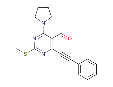 Molecular Structure of 1067892-70-9 (2-methylthio-6-phenylethynyl-4-(pyrrolidin-1-yl)pyrimidine-5-carbaldehyde)