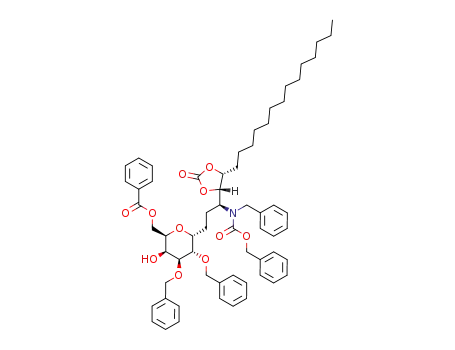 Carbamic acid,
[(1S)-3-[(2R,3S,4S,5S,6R)-6-[(benzoyloxy)methyl]tetrahydro-5-hydroxy-
3,4-bis(phenylmethoxy)-2H-pyran-2-yl]-1-[(4S,5R)-2-oxo-5-tetradecyl-1,
3-dioxolan-4-yl]propyl](phenylmethyl)-, phenylmethyl ester