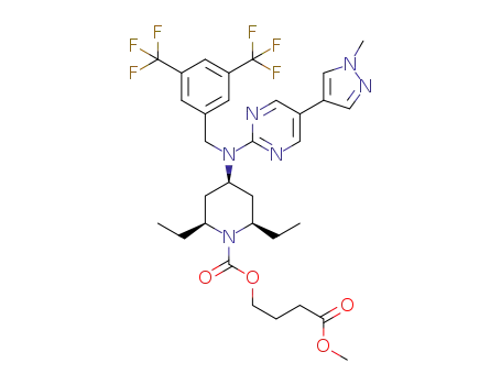 Molecular Structure of 1148129-34-3 (cis-4-{(3,5-bis(trifluoromethyl)benzyl)-[5-(1-methyl-1H-pyrazol-4-yl)-pyrimidin-2-yl]-amino}-2,6-diethylpiperidine-1-carboxylic acid 3-methoxycarbonyl-propyl ester)