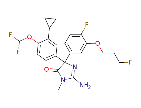 Molecular Structure of 1062605-70-2 (2-amino-4-(3-cyclopropyl-4-(difluoromethoxy)phenyl)-4-(4-fluoro-3-(3-fluoropropoxy)phenyl)-1-methyl-1H-imidazol-5(4h)-one)