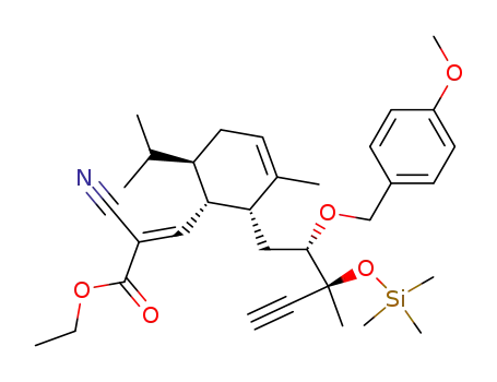 Molecular Structure of 198336-07-1 ((E)-2-Cyano-3-{(1S,2R,6R)-6-isopropyl-2-[(2S,3S)-2-(4-methoxy-benzyloxy)-3-methyl-3-trimethylsilanyloxy-pent-4-ynyl]-3-methyl-cyclohex-3-enyl}-acrylic acid ethyl ester)