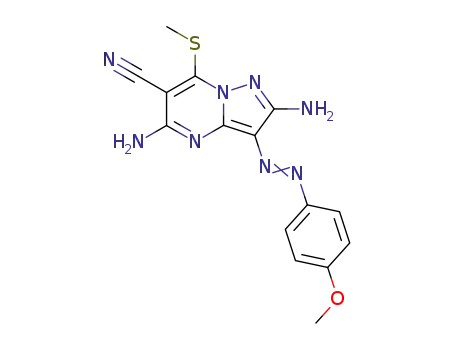Molecular Structure of 155375-48-7 (2,5-diamino-3-((4-methoxyphenyl)diazenyl)-7-(methylthio)pyrazolo[1,5-a]pyrimidine-6-carbonitrile)