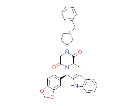 Molecular Structure of 574730-01-1 ((6R,12aR)-6-(benzo[d][1,3]dioxol-5-yl)-2-((R)-1-benzylpyrrolidin-3-yl)-2,3,6,7,12,12a-hexahydropyrazino[1′,2′:1,6]pyrido[3,4-b]indole-1,4-dione)