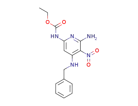 Molecular Structure of 109182-32-3 (Carbamic acid, [6-amino-5-nitro-4-[(phenylmethyl)amino]-2-pyridinyl]-,
ethyl ester)