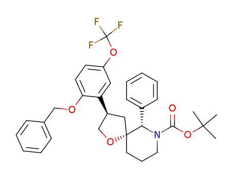 Molecular Structure of 200954-98-9 (1-Oxa-7-azaspiro[4.5]decane-7-carboxylic acid,
6-phenyl-3-[2-(phenylmethoxy)-5-(trifluoromethoxy)phenyl]-,
1,1-dimethylethyl ester, (3R,5R,6S)-)