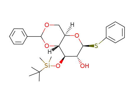 Molecular Structure of 101696-02-0 (phenyl 4,6-O-benzylidene-3-O-tert-butyldimethylsilyl-1-thio-β-D-glucopyranoside)