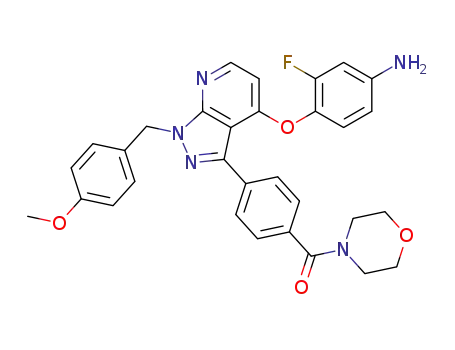 Molecular Structure of 949558-41-2 ((4-(4-(4-amino-2-fluorophenoxy)-1-(4-methoxybenzyl)-1H-pyrazolo[3,4-b]pyridin-3-yl)phenyl)(morpholino)methanone)