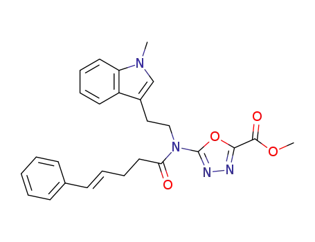 Molecular Structure of 473742-67-5 (methyl 5-{[2-(1-methyl-1H-indol-3-yl)ethyl]-((E)-5-phenylpent-4-enoyl)amino}-1,3,4-oxadiazole-2-carboxylate)