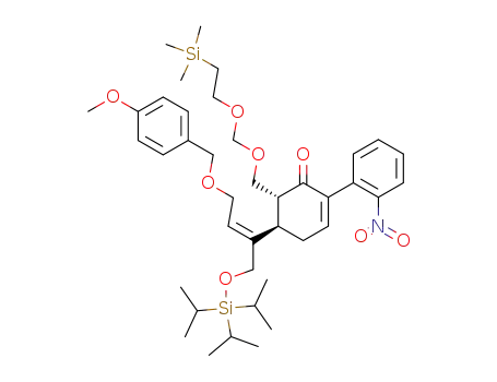 Molecular Structure of 482351-22-4 ((5R,6R)-5-[(1E)-3-[(4-methoxyphenyl)methoxy]-1-[[[tris-(1-methylethyl)silyl]oxy]methyl]-1-propenyl]-2-(2-nitrophenyl)-6-[[[2-(trimethylsilyl)ethoxy]methoxy]methyl]-2-cyclohexen-1-one)