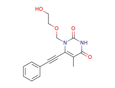 Molecular Structure of 125056-87-3 (1-[(2-hydroxyethoxy)methyl]-5-methyl-6-(phenylethynyl)pyrimidine-2,4(1H,3H)-dione)