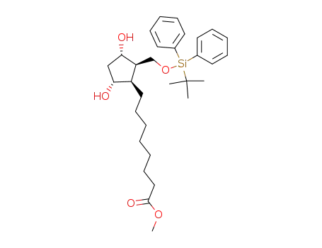 Molecular Structure of 534584-78-6 (Cyclopentaneoctanoic acid,
2-[[[(1,1-dimethylethyl)diphenylsilyl]oxy]methyl]-3,5-dihydroxy-, methyl
ester, (1R,2R,3S,5R)-)