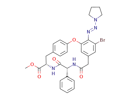 Molecular Structure of 250160-50-0 ((11R,14S)-5-Bromo-9,12-dioxo-11-phenyl-4-(pyrrolidin-1-ylazo)-2-oxa-10,13-diaza-tricyclo[14.2.2.1<sup>3,7</sup>]henicosa-1<sup>(19)</sup>,3,5,7<sup>(21)</sup>,16<sup>(20)</sup>,17-hexaene-14-carboxylic acid methyl ester)