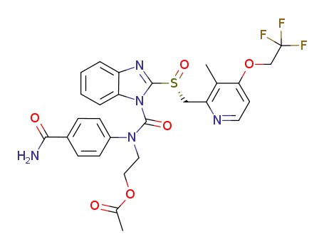Molecular Structure of 635751-84-7 (1H-Benzimidazole-1-carboxamide,
N-[2-(acetyloxy)ethyl]-N-[4-(aminocarbonyl)phenyl]-2-[(R)-[[3-methyl-4-(
2,2,2-trifluoroethoxy)-2-pyridinyl]methyl]sulfinyl]-)