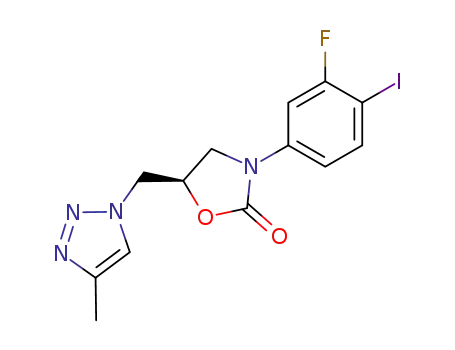 Molecular Structure of 501939-98-6 (2-Oxazolidinone,
3-(3-fluoro-4-iodophenyl)-5-[(4-methyl-1H-1,2,3-triazol-1-yl)methyl]-,
(5R)-)
