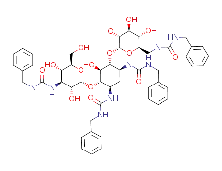 Molecular Structure of 1054616-53-3 (1-benzyl-3-{5-(3-benzyl-ureido)-4-[4-(3-benzyl-ureido)-3,5-dihydroxy-6-hydroxymethyl-tetrahydro-pyran-2-yloxy]-2-[6-(3-benzyl-ureidomethyl)-3,4,5-trihydroxy-tetrahydro-pyran-2-yloxy]-3-hydroxy-cyclohexyl}-urea)