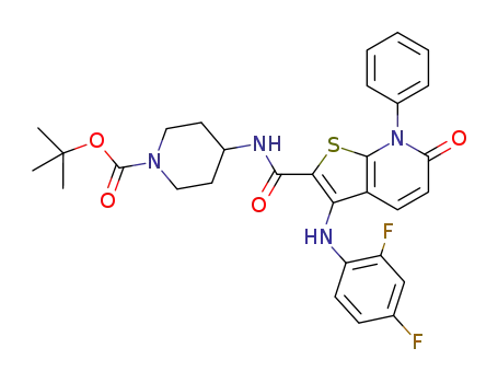Molecular Structure of 816464-46-7 (tert-butyl 4-[({3-[(2,4-difluorophenyl)amino]-6-oxo-7-phenyl-6,7-dihydrothieno[2,3-b]pyridin-2-yl}carbonyl)amino]piperidine-1-carboxylate)