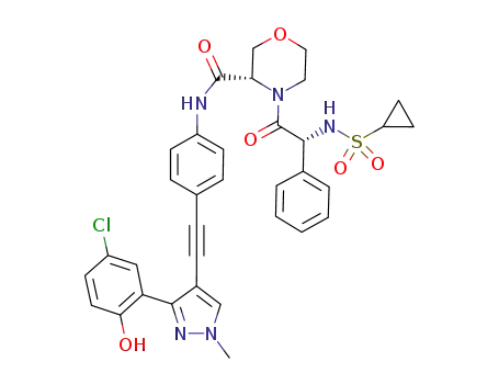 Molecular Structure of 1020840-97-4 (4-(2-cyclopropanesulfonylamino-2-phenyl-acetyl)-morpholine-3-carboxylic acid {4-[3-(5-chloro-2-hydroxy-phenyl)-1-methyl-1H-pyrazol-4-ylethynyl]-phenyl}-amide)