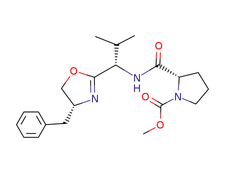 Molecular Structure of 1008530-27-5 ((S)-methyl 2-((S)-1-((R)-4-benzyl-4,5-dihydrooxazol-2-yl)-2-methylpropylcarbamoyl)pyrrolidine-1-carboxylate)