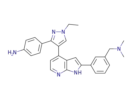 Molecular Structure of 942919-53-1 (3-[4-[3-(4-Aminophenyl)-1-ethyl-1H-pyrazol-4-yl]-1H-pyrrolo[2,3-b]pyridin-2-yl]-N,N-dimethylbenzenemethanamine)