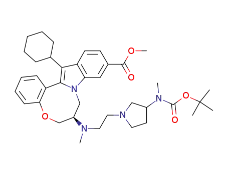 Molecular Structure of 1119136-34-3 (methyl (7R)-7-[(2-{3-[(tert-butoxycarbonyl)(methyl)amino]pyrrolidin-1-yl}ethyl)(methyl)amino]-14-cyclohexyl-7,8-dihydro-6H-indolo[1,2-e][1,5]benzoxazocine-11-carboxylate)