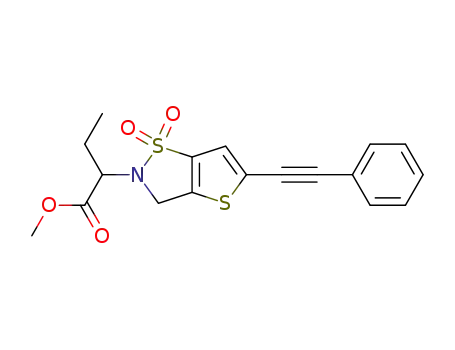 Molecular Structure of 1170193-30-2 (Methyl 2-(5-(phenylethynyl)-1,1-dioxothieno[2,3-d]isothiazol-2(3H)-yl)butyrate)