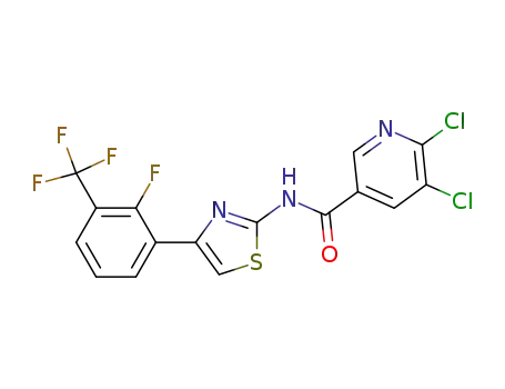 Molecular Structure of 918938-53-1 (5.6-dichloro-N-(4-(2-fluoro-3-(trifluoromethyl)phenyl)thiazol-2-yl)pyridine-3-carboxamide)