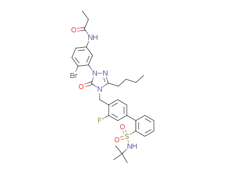 Molecular Structure of 159547-24-7 (2-[2-Bromo-5-(propionylamino)phenyl]-4-[[2'-(N-t-butylsulfamoyl)-3-fluorobiphenyl-4-yl]methyl]-5-n-butyl-2,4-dihydro-3H-1,2,4-triazol-3-one)