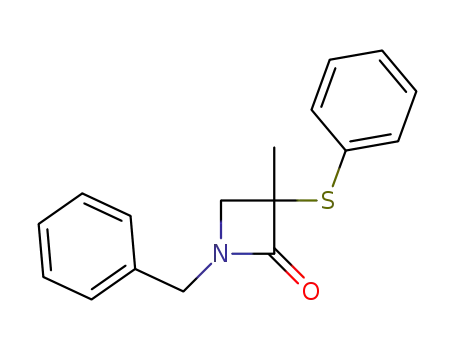 Molecular Structure of 83375-61-5 (2-Azetidinone, 3-methyl-1-(phenylmethyl)-3-(phenylthio)-)