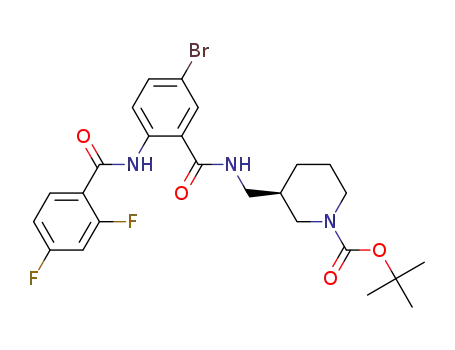 Molecular Structure of 875270-50-1 ((R)-tert-butyl 3-((5-bromo-2-(2,4-difluorobenzamido)benzamido)methyl)piperidine-1-carboxylate)