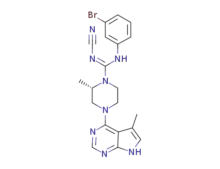 Molecular Structure of 1116571-01-7 (1-Piperazinecarboximidamide, N'-(3-bromophenyl)-N-cyano-2-methyl-4-(5-methyl-7H-pyrrolo[2,3-d]pyrimidin-4-yl)-, (2S)-)