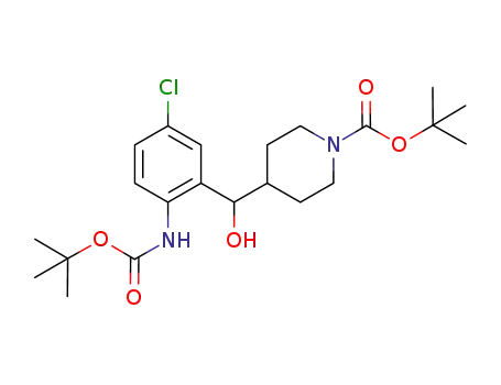 Molecular Structure of 416852-59-0 (1-Piperidinecarboxylic acid,
4-[[5-chloro-2-[[(1,1-dimethylethoxy)carbonyl]amino]phenyl]hydroxymeth
yl]-, 1,1-dimethylethyl ester)