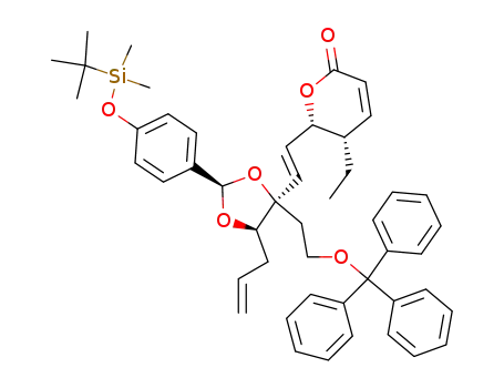 Molecular Structure of 521274-29-3 ((5S,6S)-6-((E)-2-{(2R,4R,5R)-5-allyl-2-(4-{[tert-butyl(dimethyl)silyl]oxy}phenyl)-4-[2-(trityloxy)ethyl]-[1,3]dioxolan-4-yl}vinyl)-5-ethyl-5,6-dihydro-2H-pyran-2-one)