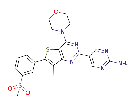 Molecular Structure of 1033735-88-4 (5-(7-methyl-6-(3-(methylsulfonyl)phenyl)-4-morpholinothieno[3,2-d]pyrimidin-2-yl)pyrimidin-2-amine)
